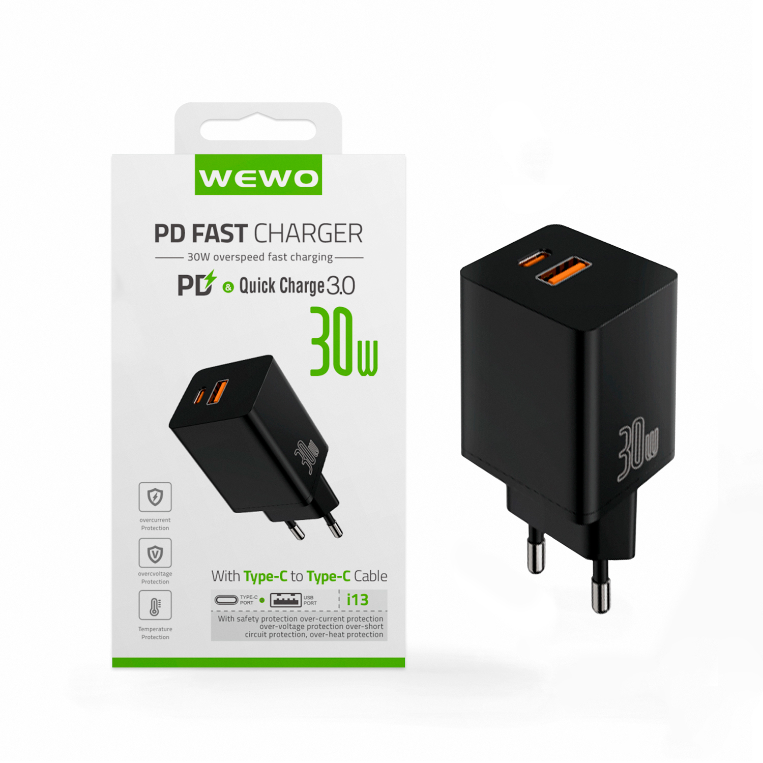 PUNJAČ USB + TYPE C 30W I13 CRNI WEWO