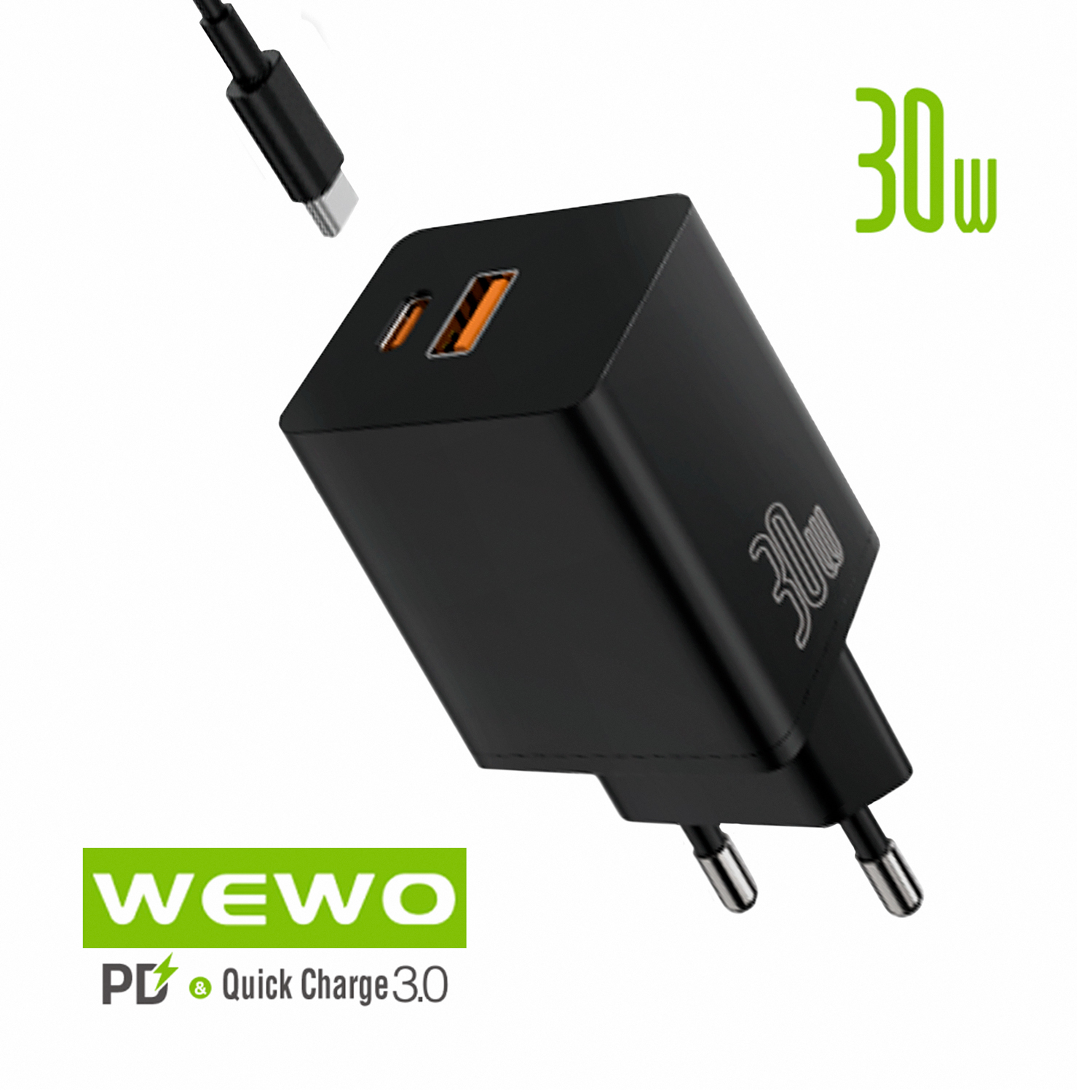 PUNJAČ USB + TYPE C + KABL TYPE C 30W I13 CRNI WEWO