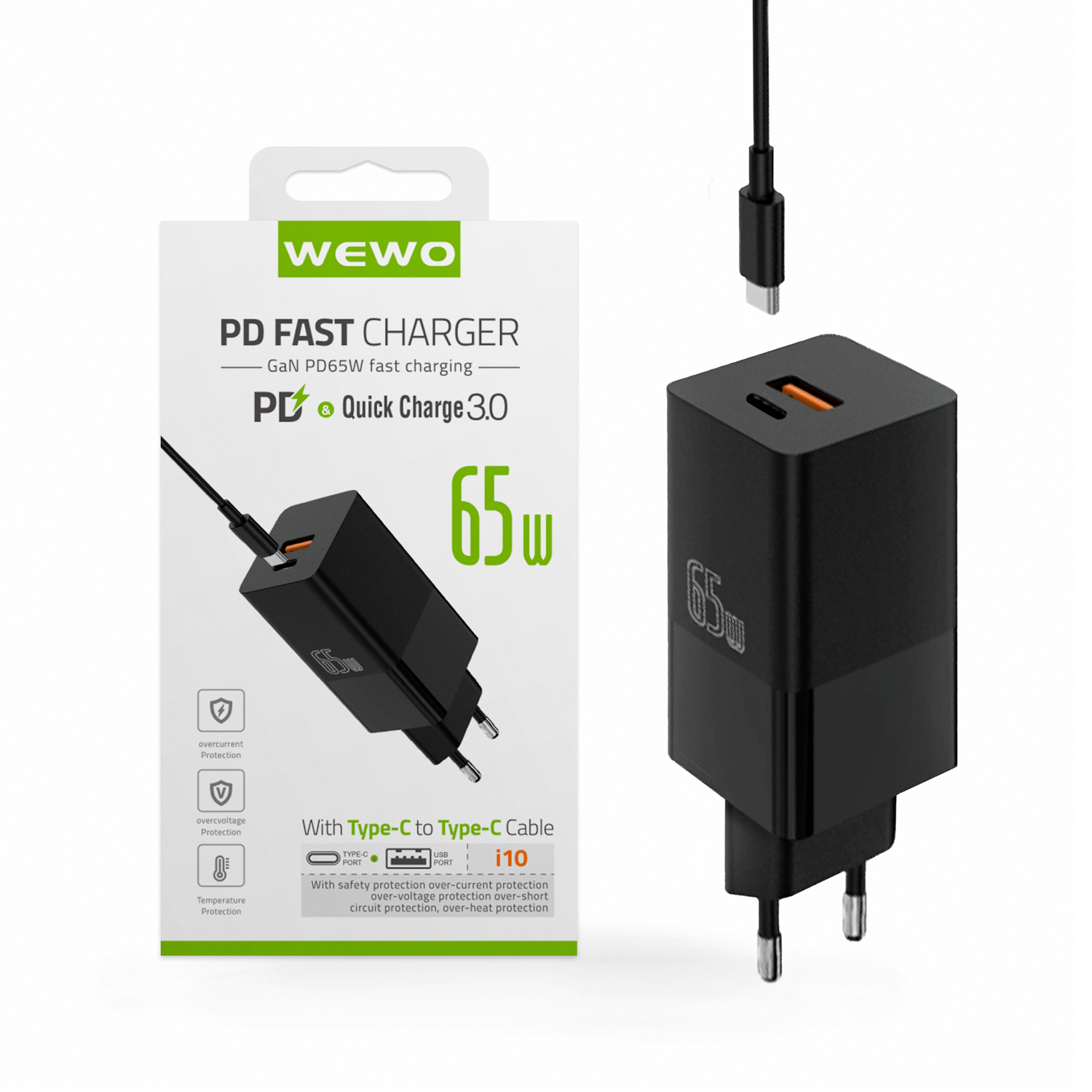 PUNJAČ USB + TYPE C + TYPE C KABL 65W I10 CRNI WEWO