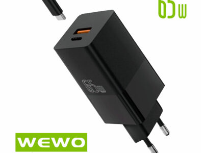 PUNJAČ USB + TYPE C + TYPE C KABL 65W I10 CRNI WEWO