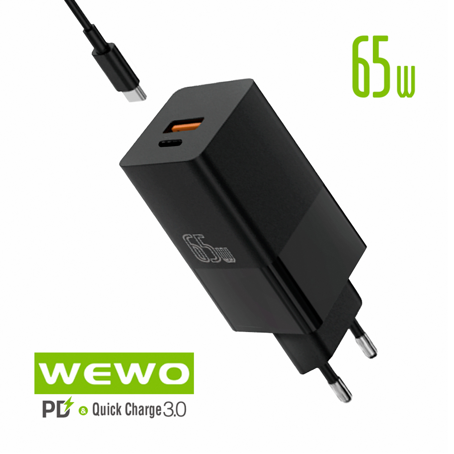 PUNJAČ USB + TYPE C + TYPE C KABL 65W I10 CRNI WEWO