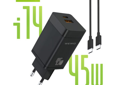 PUNJAČ QC 45W/3A I14 PD+USB + TYPE C NA TYPE C KABL WEWO CRNI
