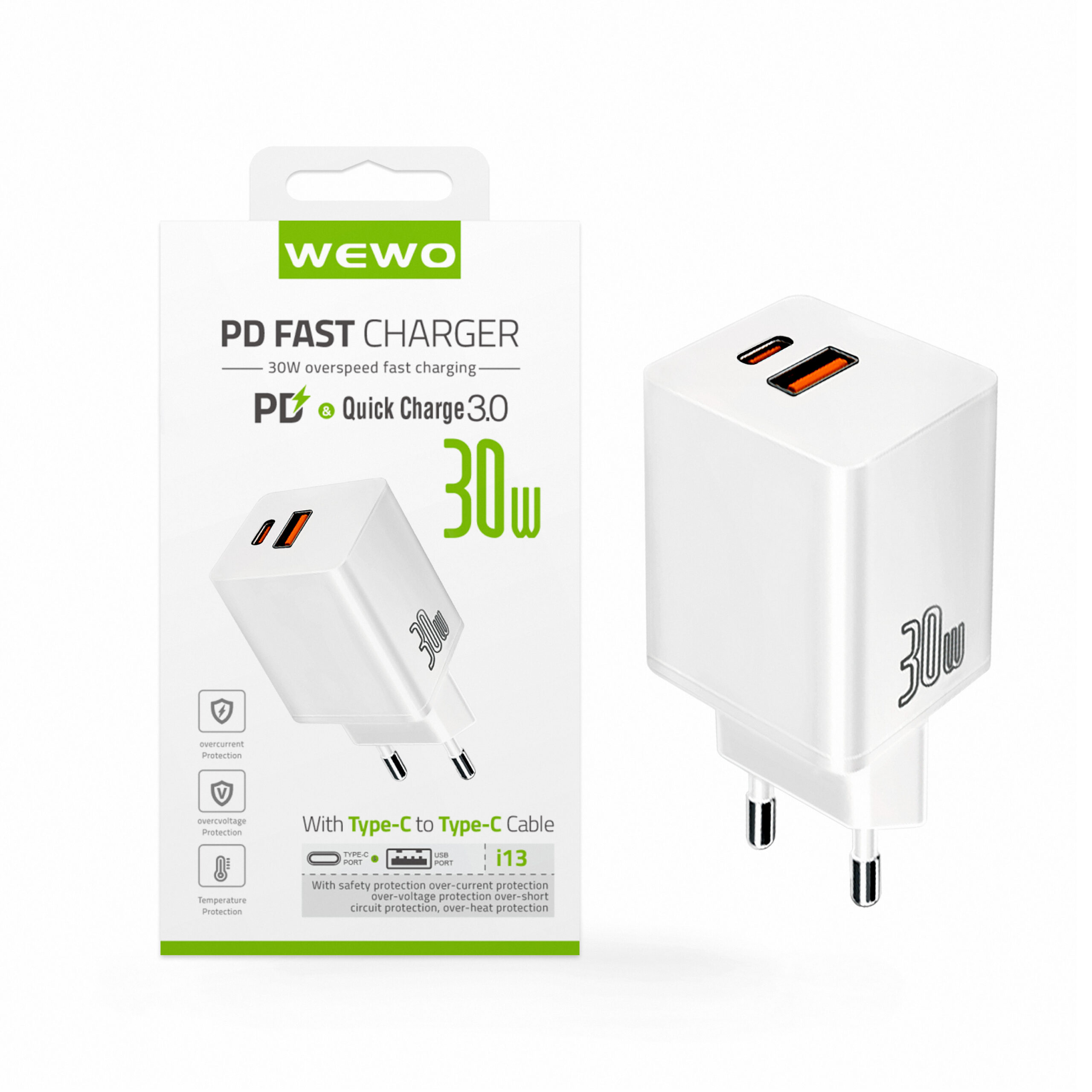 PUNJAČ I13 PD+USB TYPE C QC 30W/3A BELI WEWO