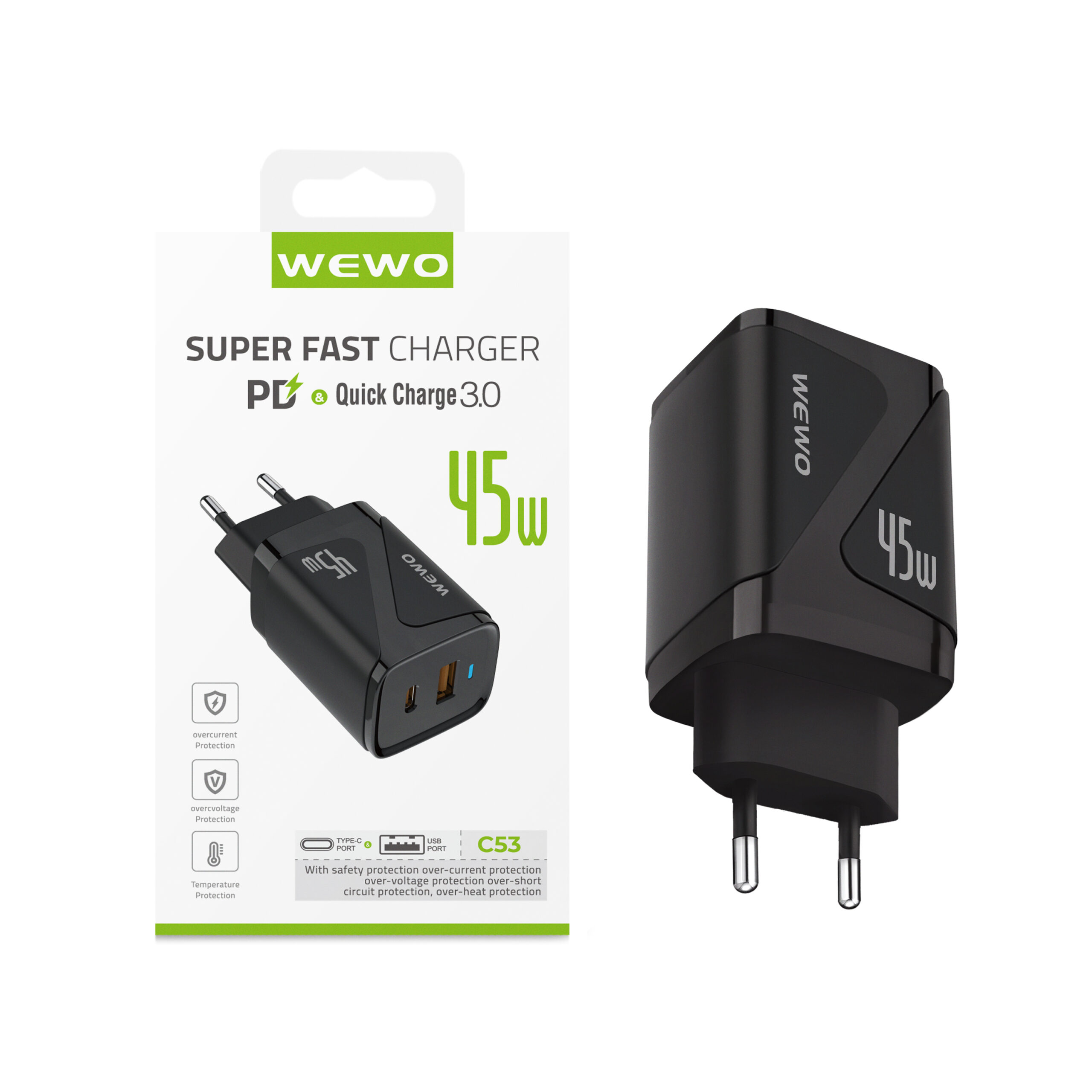 PUNJAČ USB+TYPE-C QC 45W/3A C53 WEWO