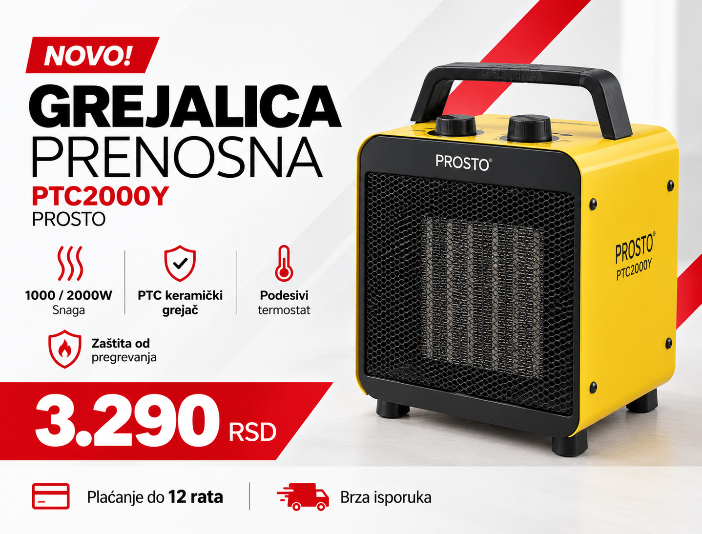 GREJALICA PRENOSNA PTC 1000/2000W PTC2000Y PROSTO